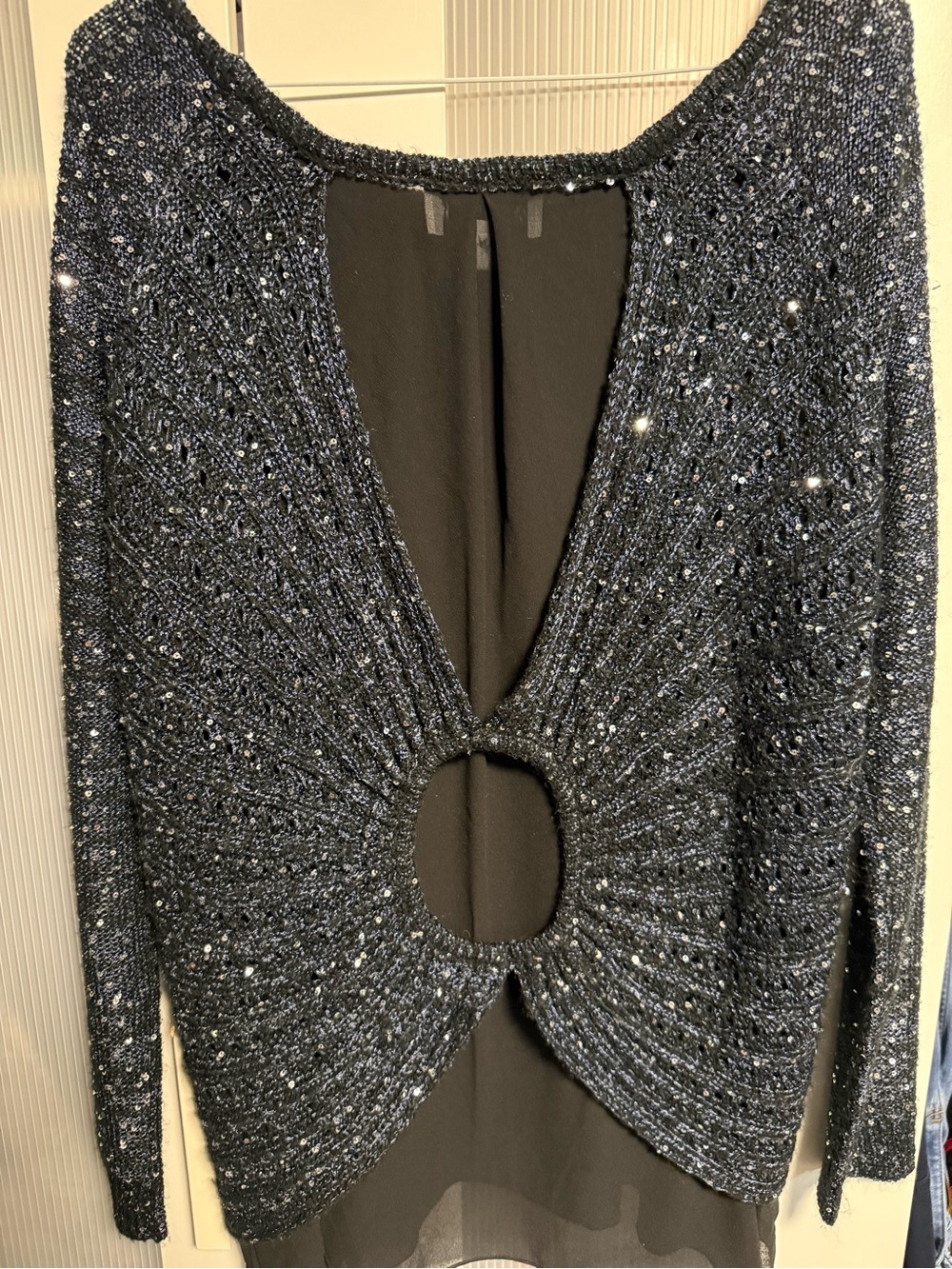 Joseph Ribkoff Navy Sequin Long-Sleeve Knit Dress with Ring Detail